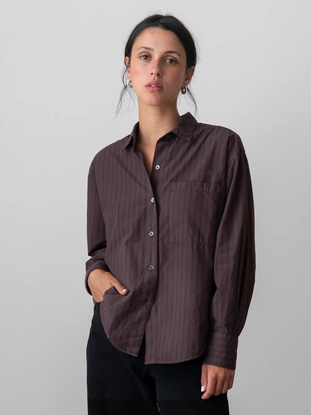 Waltz Studio Oversized Button-Up Shirt in Bittersweet Chocolate Stripe Size S/M